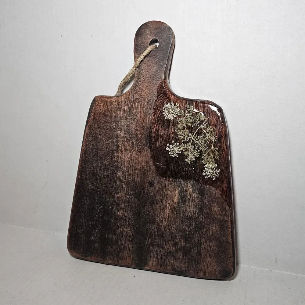 Small, Dark Mango Wood Charcuterie or Serving Board Resin White Flowers Wall Art
